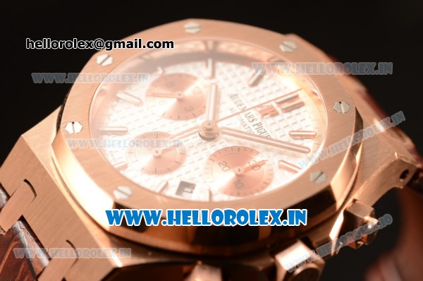 Audemars Piguet Royal Oak Chrono Rose Gold Case White Dial 7750 Automatic Brown Leather - Click Image to Close